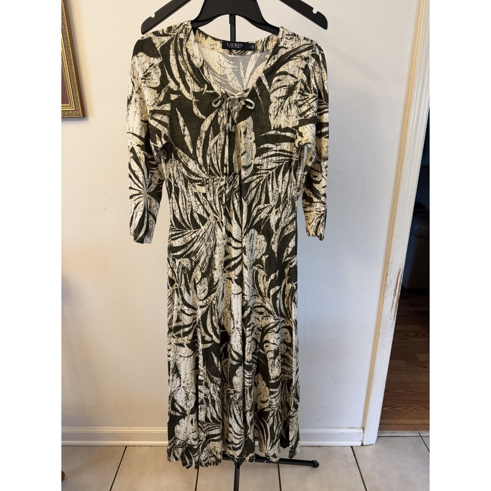 Lauren Ralph Lauren Dress Women Size S Green Beige Leaf Print V Neck 3/4 Sleeve